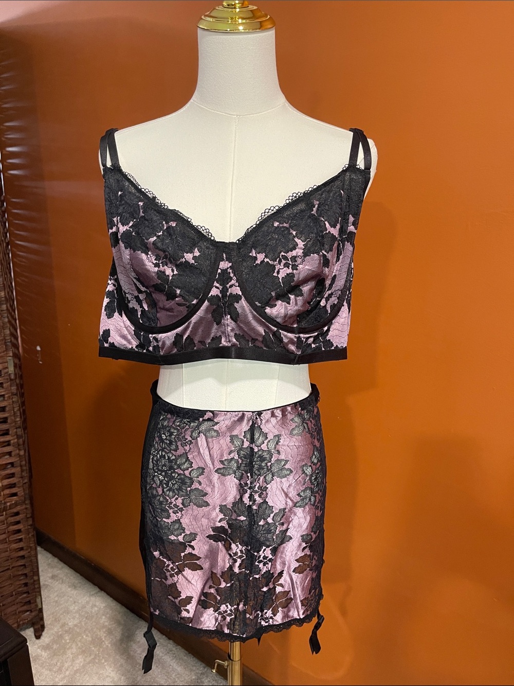 Violet Satin and Black Lace Longline Bralette with Matching Lace Skirt/Garter